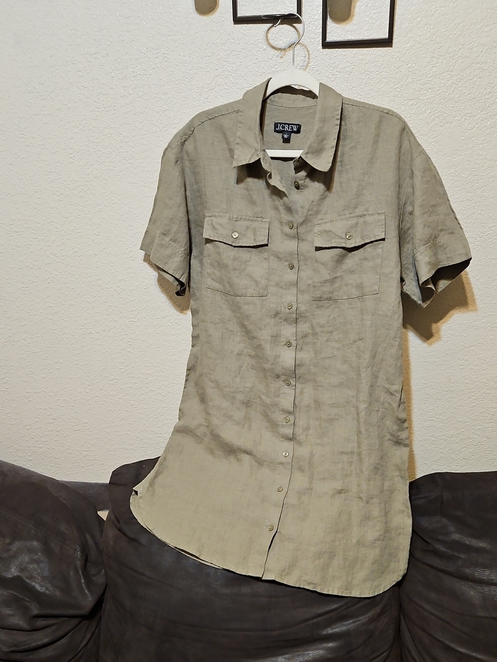 J. Crew Olive Green 100% Linen Short-Sleeve Button-Up Midi Dress